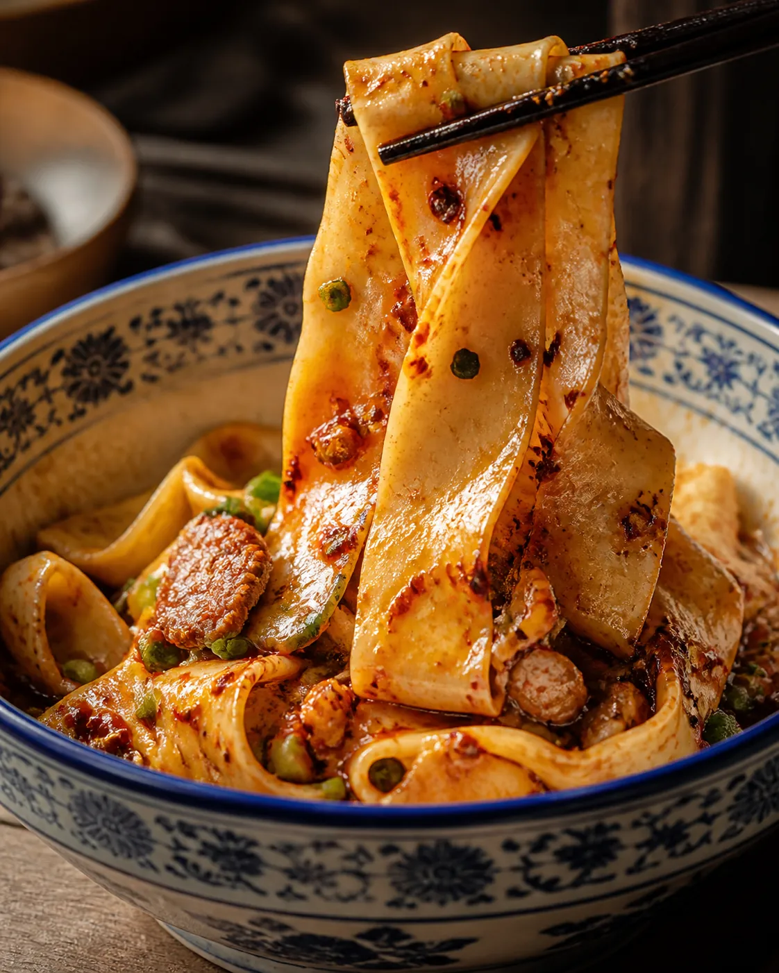 Wide biangbiang noodles lifted from a ceramic bowl