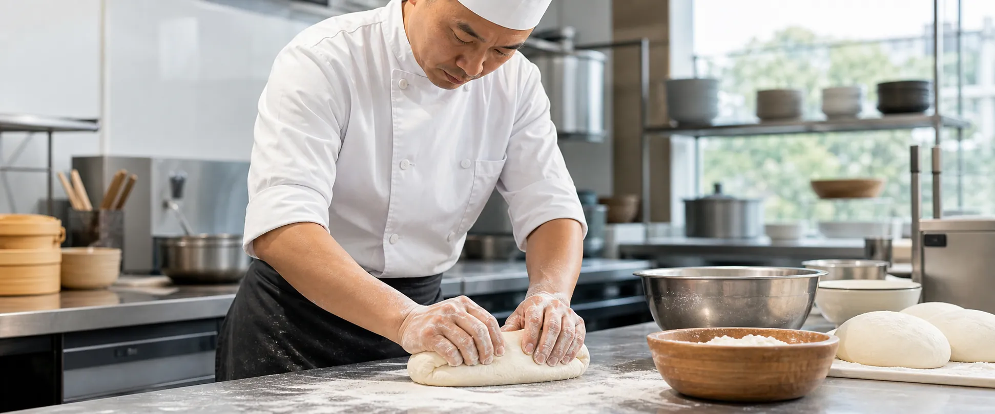 A professional chef kneading dough in a clean open kitchen