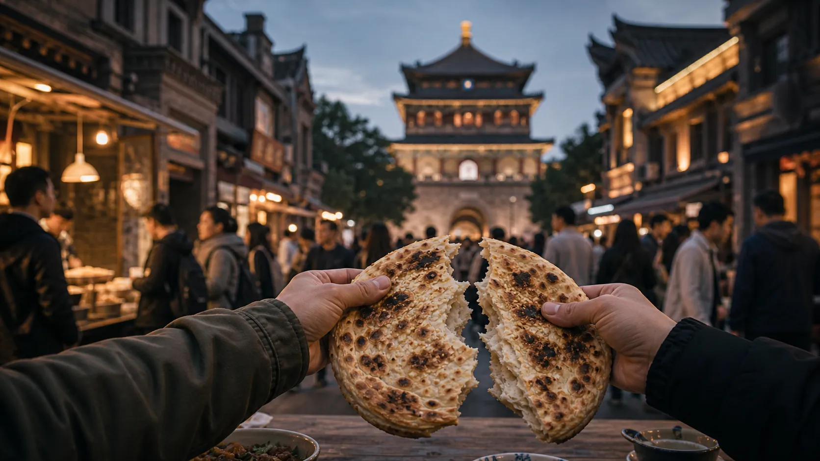 Travelers sharing flatbread on an evening Xi'an food street