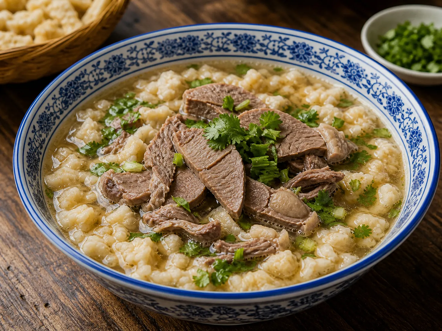 A traditional bowl of Xi’an lamb paomo with hand-torn bread